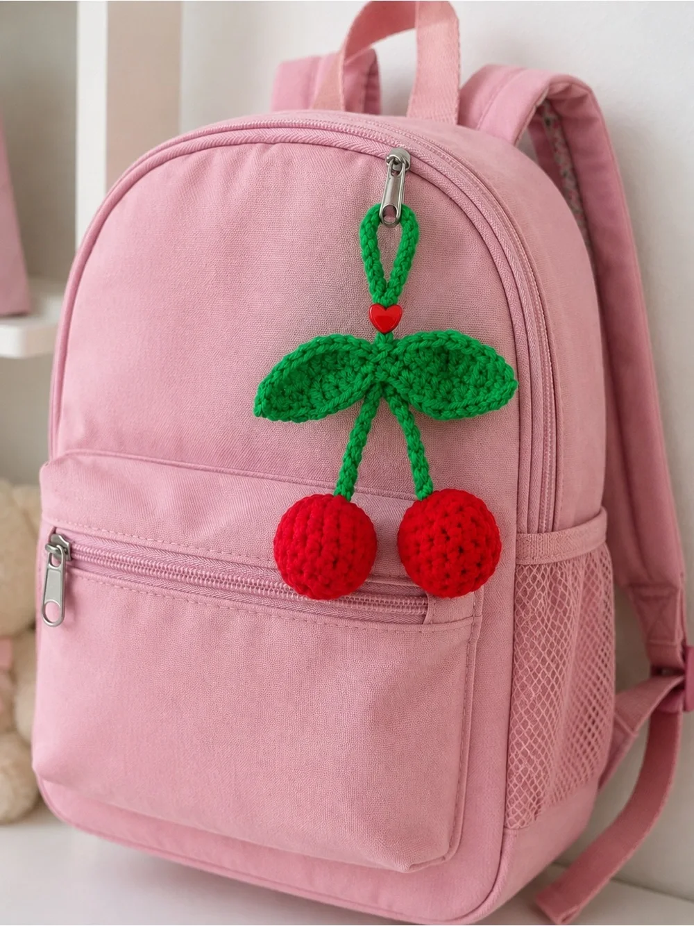 Crocheted Cherry Key Charm Card Holder - Red & Green
